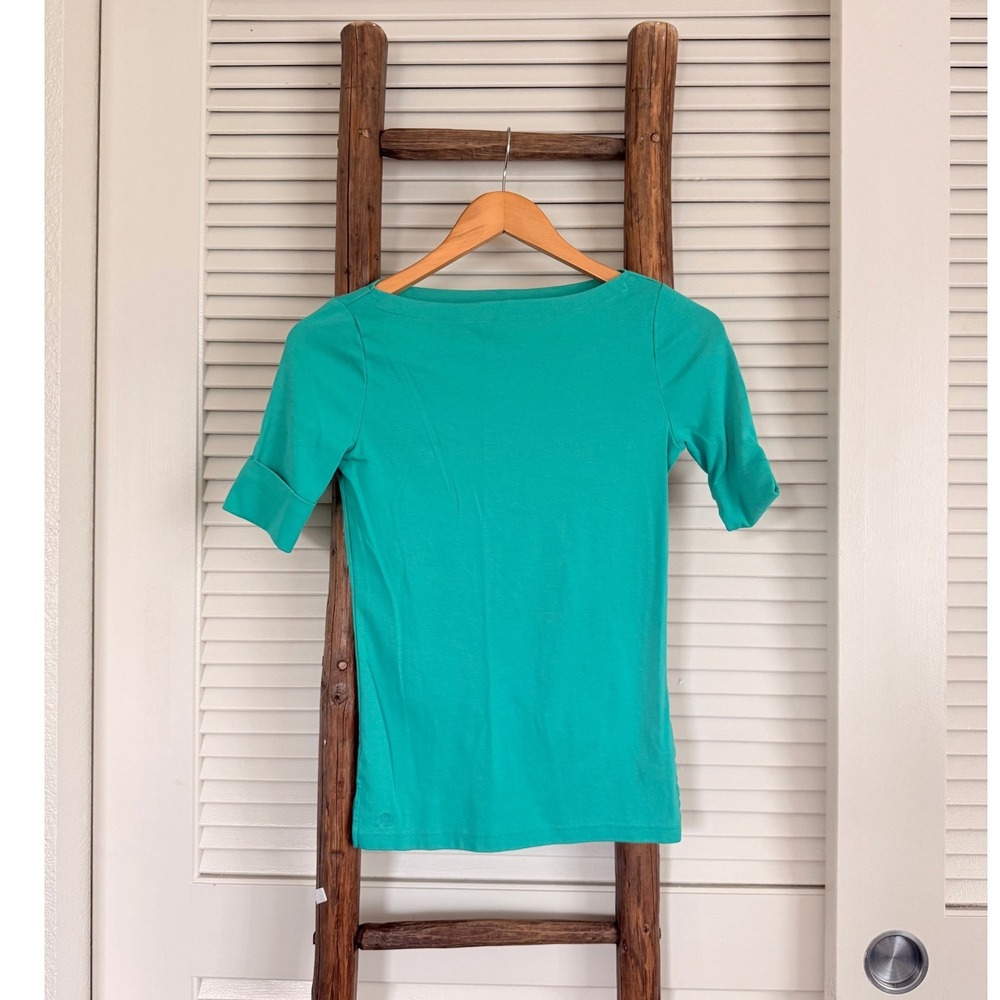 Lauren Ralph Lauren Top PXS Green Boatneck Short Sleeve Cuffed Cotton Blend